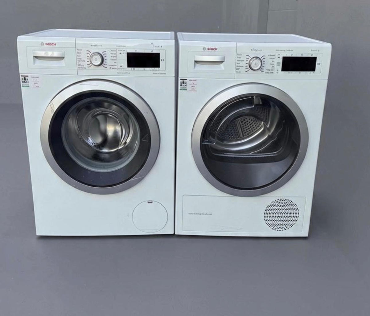 Bosch WAN32468SN + Serie 8 WTW875M8SN Vaskesæt – 8 kg – 1600 omdr. – Varmepumpetørretumbler – Brugt